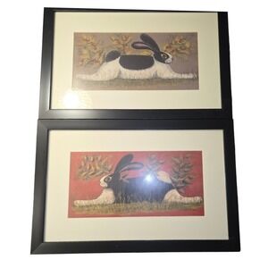 Lisa Hilliker Framed Rabbit Art Prints Set of 2 Bunny Folk Art Black Frame